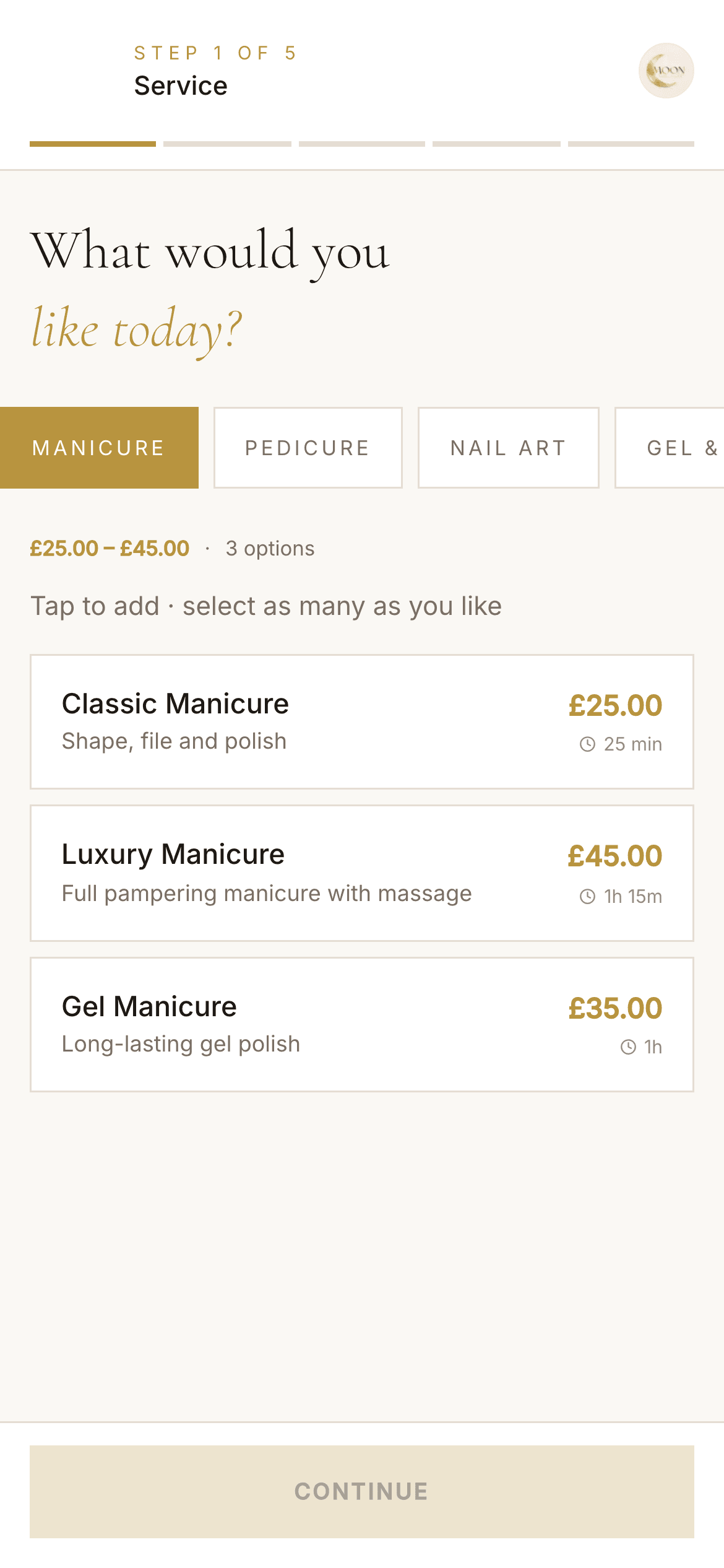 Booking flow on a phone — choosing a service