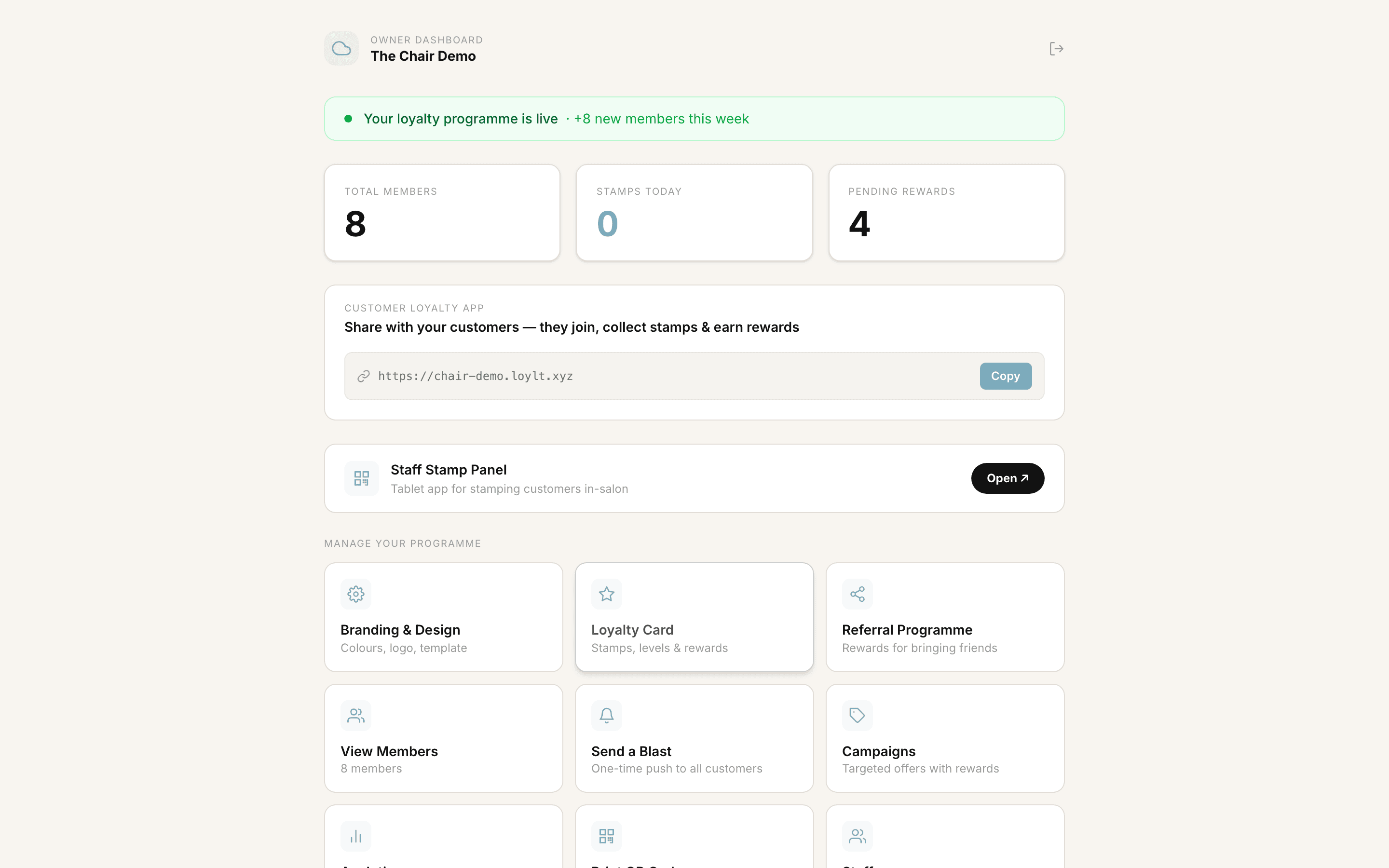 Loylt admin dashboard — members and rewards