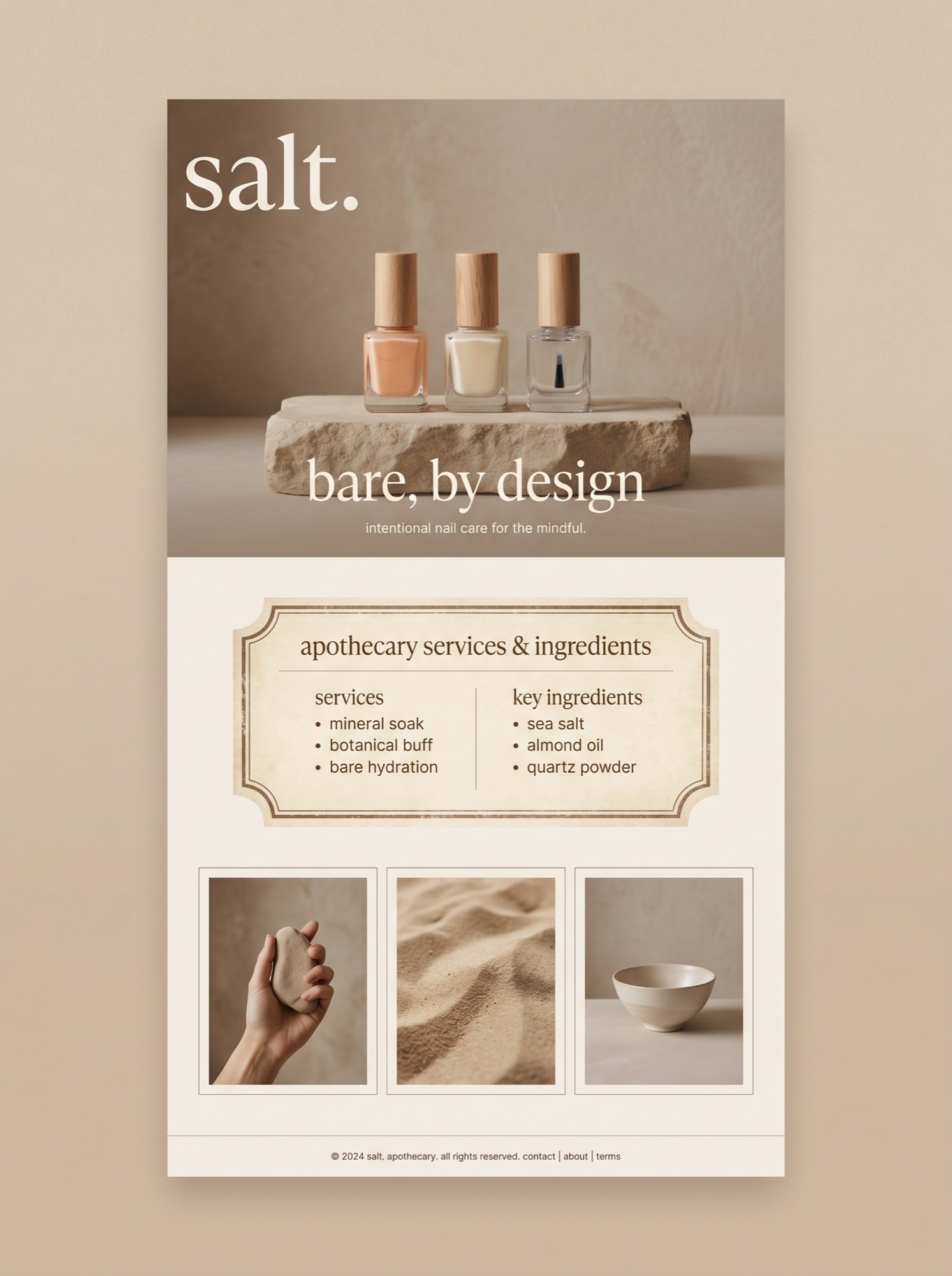 salt. — Warm minimal apothecary salon website concept